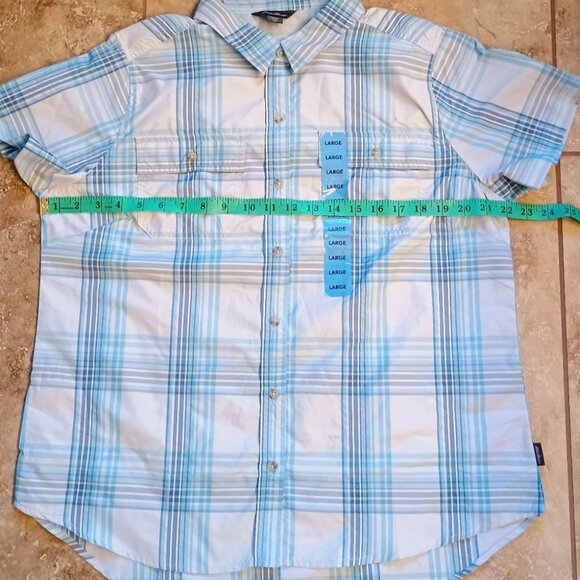 New Women's Eddie Bauer Adventure Blue Plaid Short Sleeve Shirt Size Large UPF - Picture 8 of 9